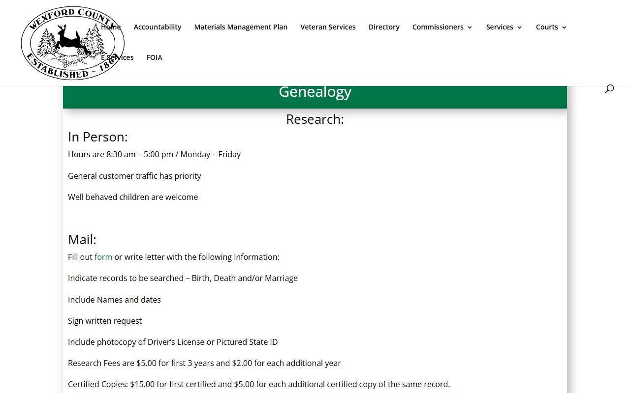 Wexford County Clerk genealogy records request page