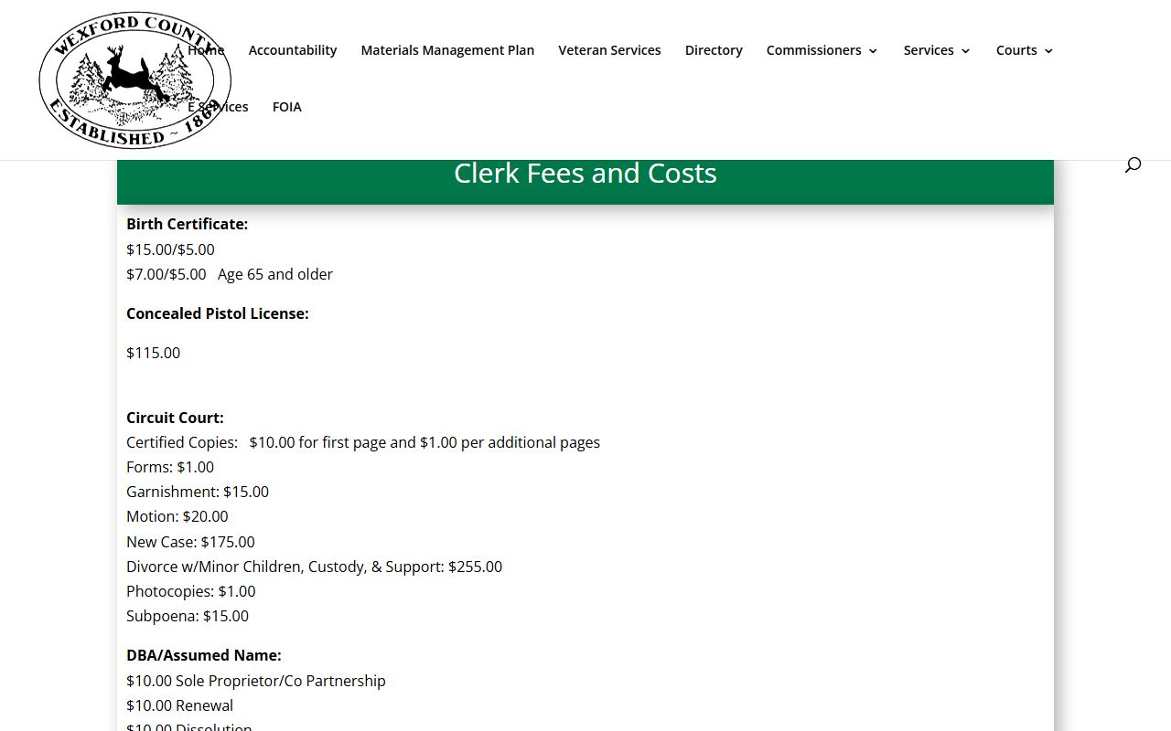 Wexford County Clerk fee schedule for copies, filings, and vital records