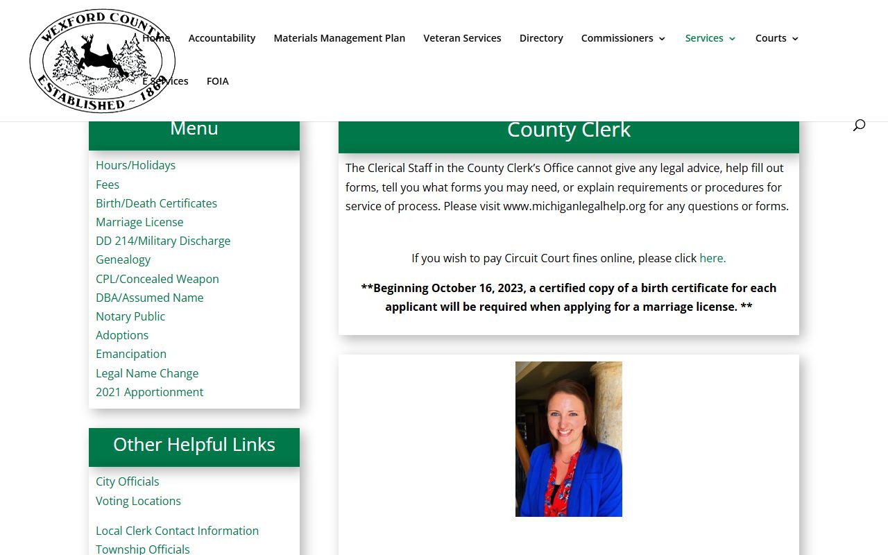 Wexford County Clerk office page listing services and contact details