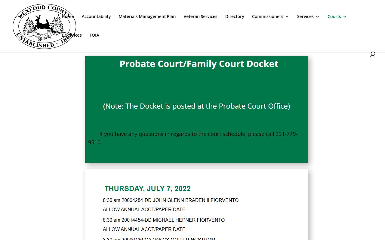 Wexford County probate and family court docket sample with hearing descriptions
