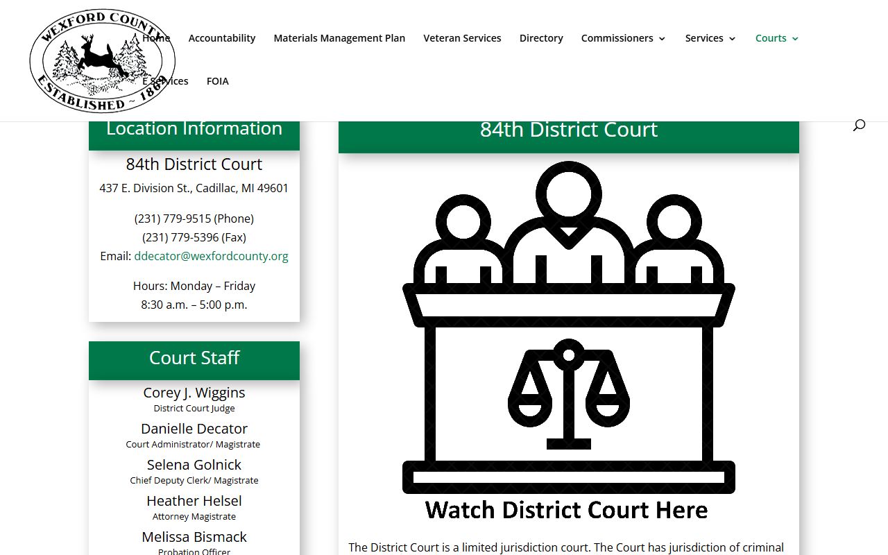 Wexford County court records page for the 84th District Court