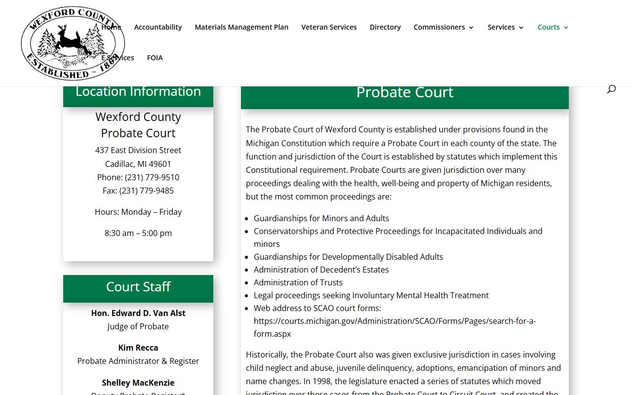Wexford County court records page for the Probate Court
