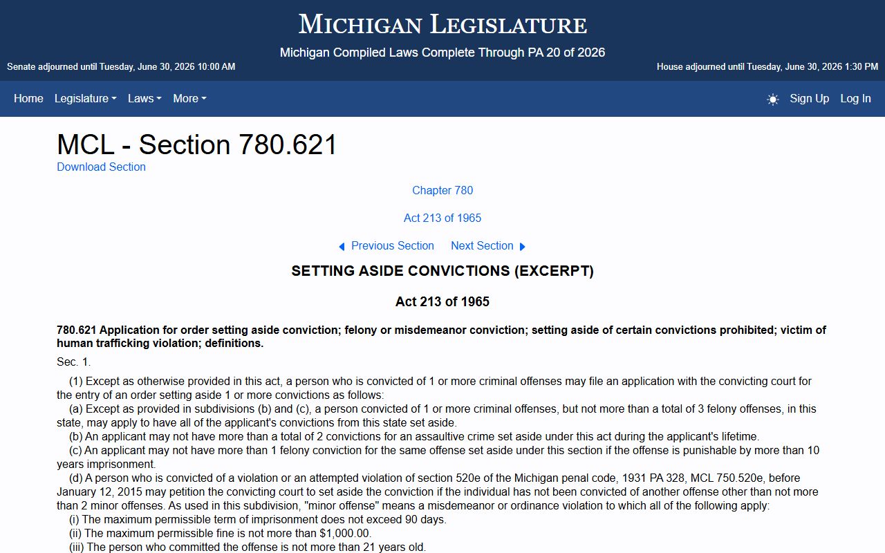 Wexford County criminal court records and the Michigan conviction set-aside statute MCL 780.621