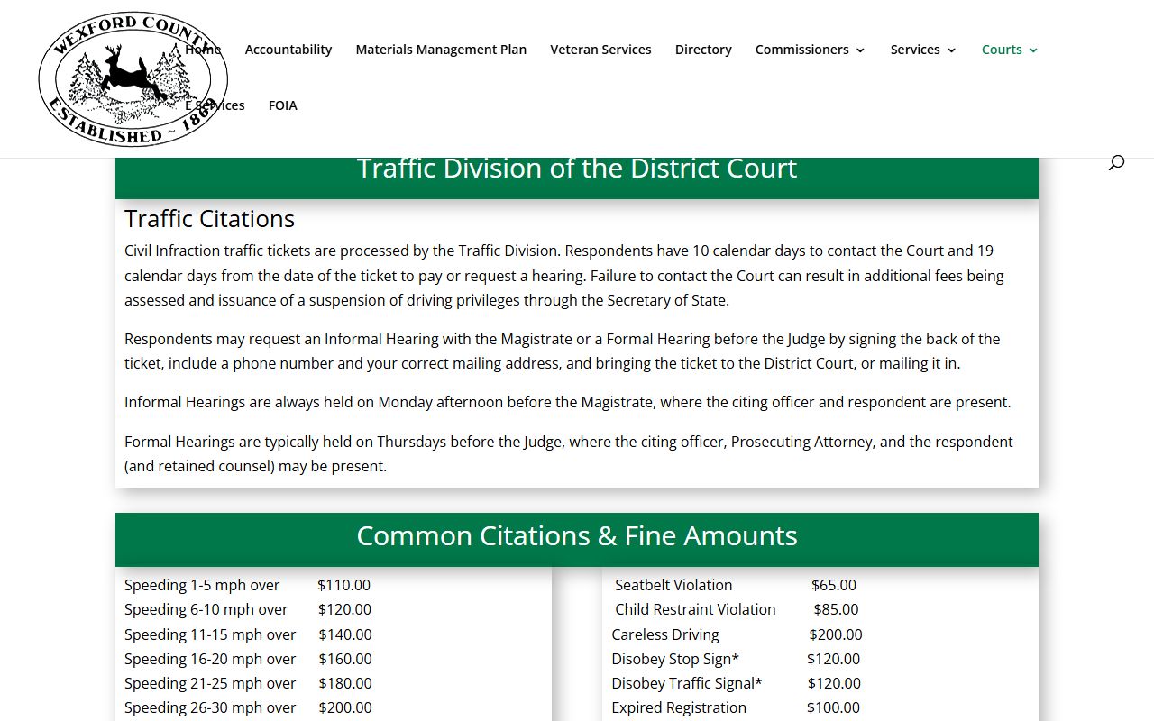 Wexford County District Court Traffic Division records page