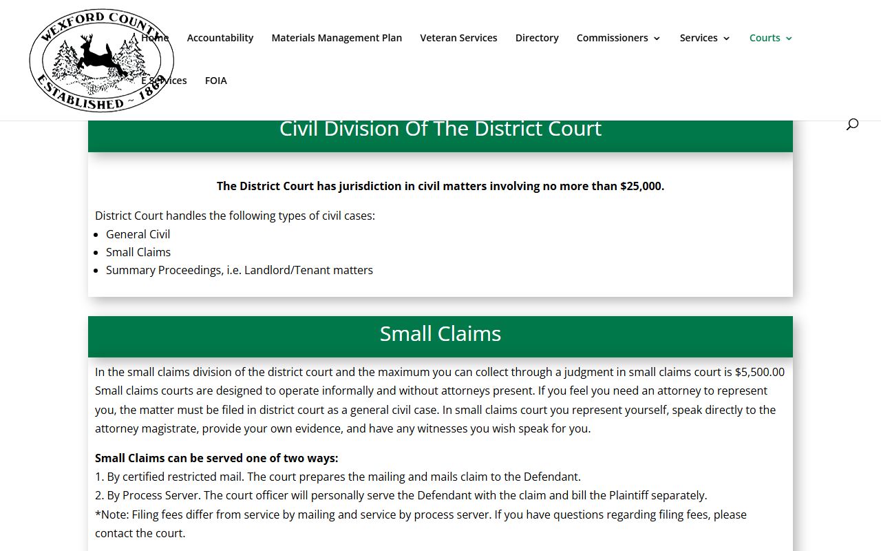 Wexford County District Court Civil Division records page