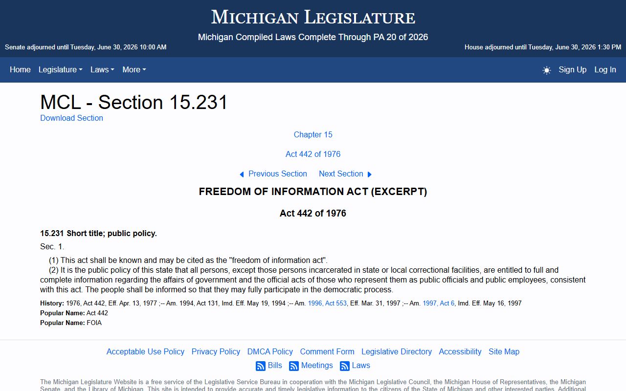 Michigan FOIA statute governing Wexford County public court records