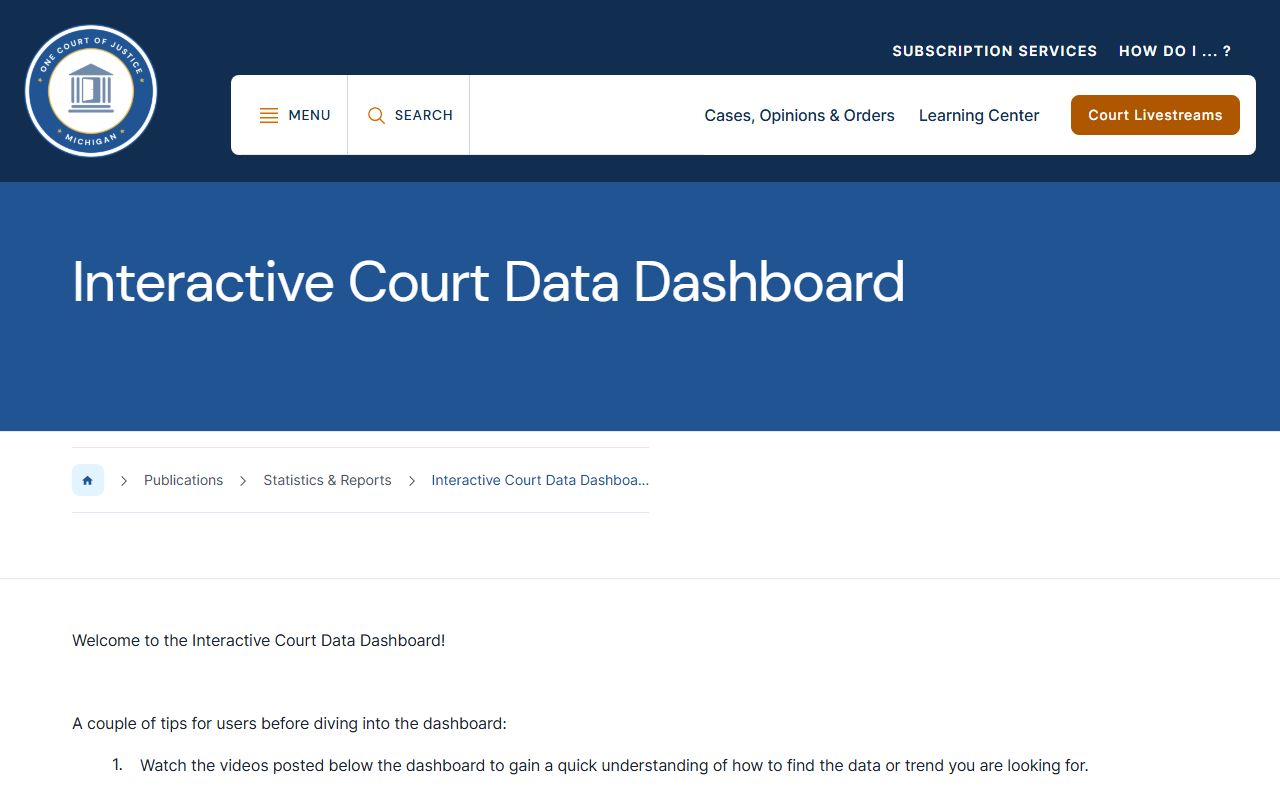 Michigan court data dashboard for Wexford County court records
