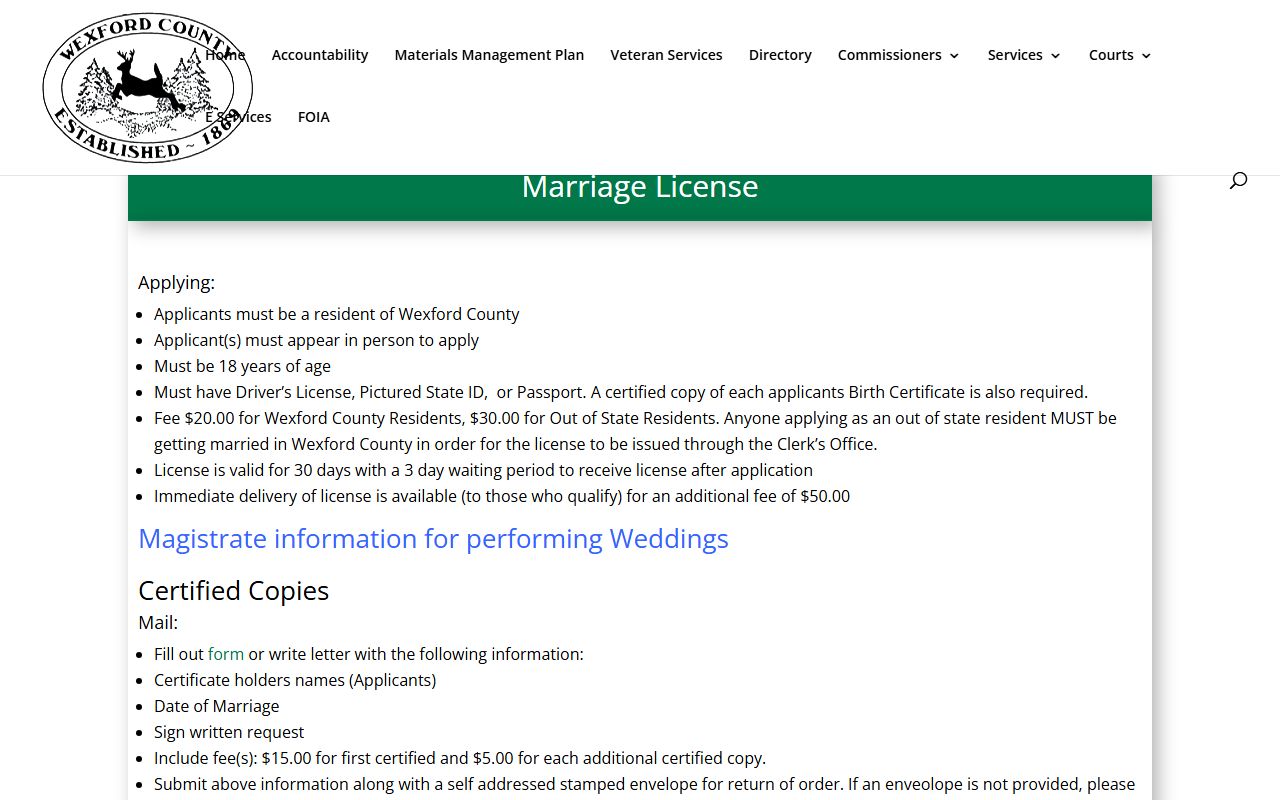 Wexford County marriage license application page from the County Clerk
