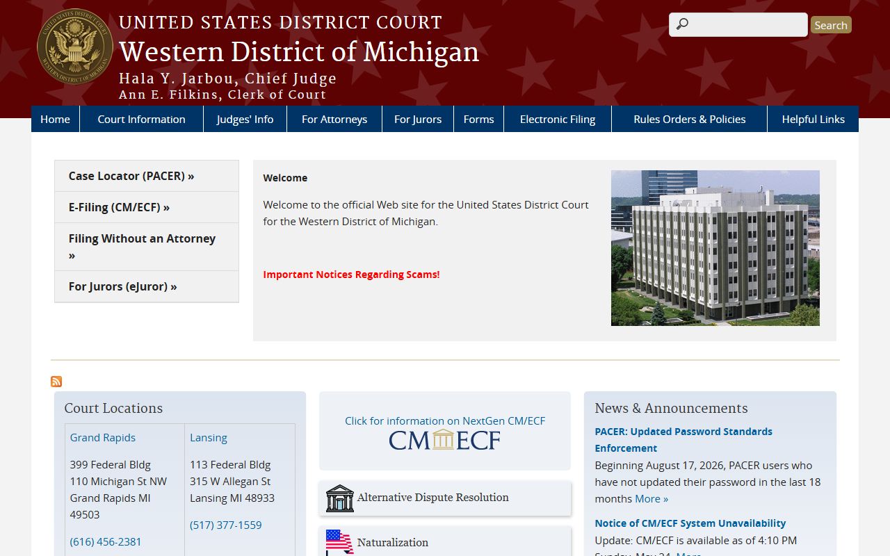 Western District of Michigan federal court website serving Wexford County records users