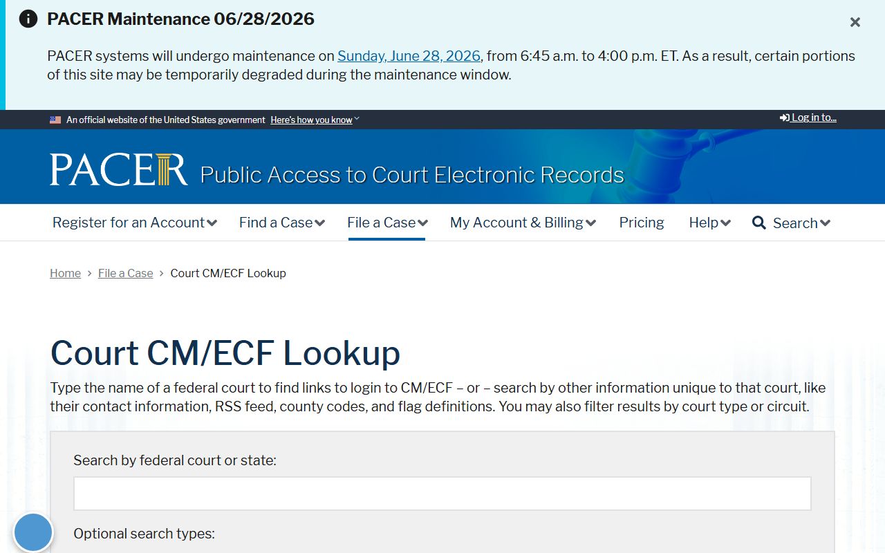 PACER CM/ECF lookup used for federal cases outside Wexford County probate