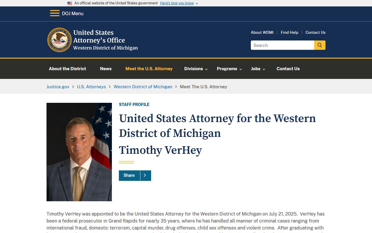 Western District U.S. Attorney profile page contrasted with Wexford County probate