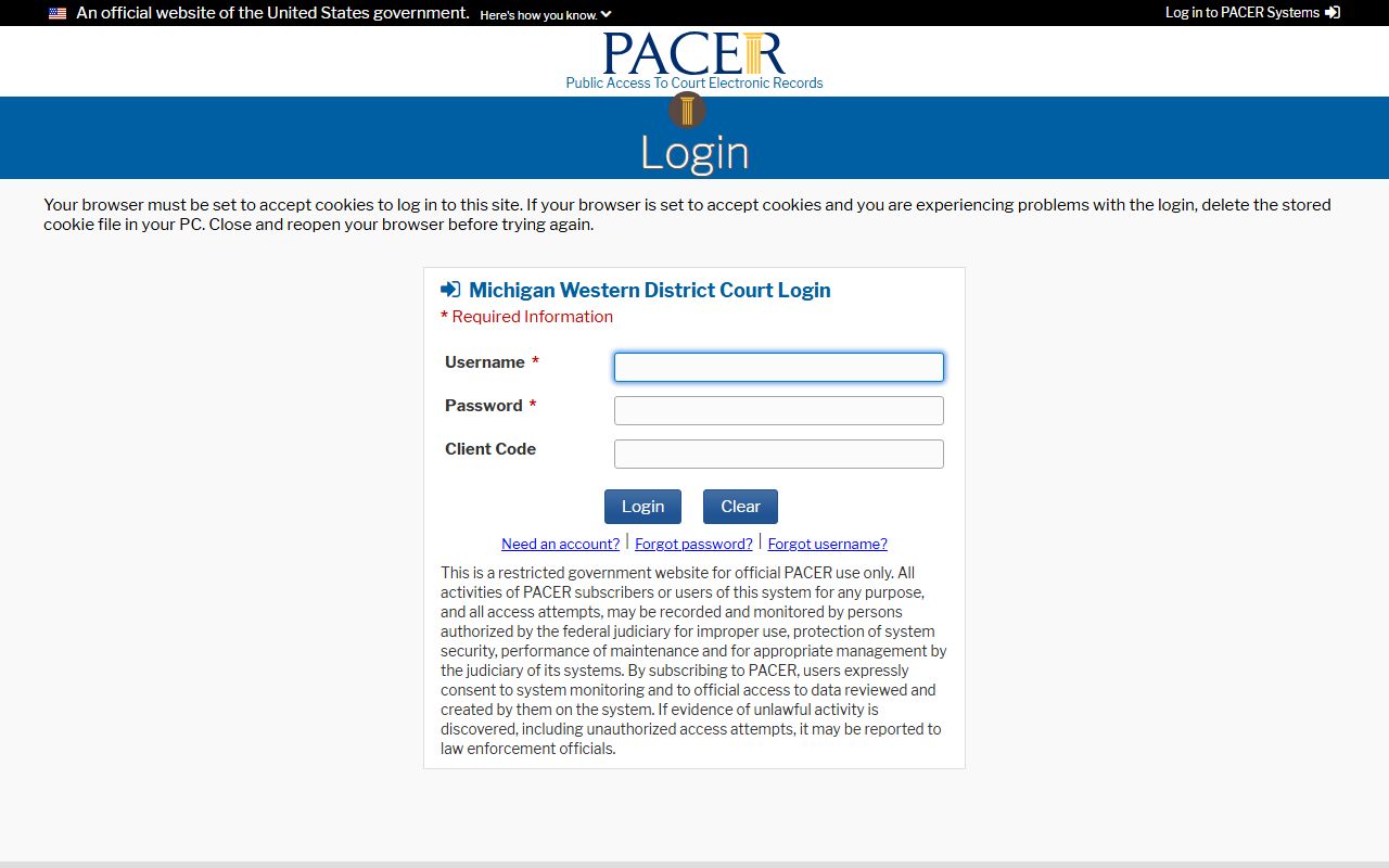Western District of Michigan CM/ECF login separate from Wexford County probate records