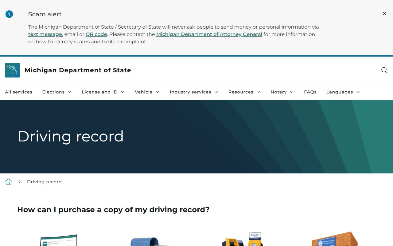 Wexford County traffic driving record request page from the Michigan Secretary of State